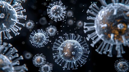 Closeup of herpes virus cells under microscope on black background. Concept Microbiology, Virus, Herpes, Medical Research, Microscopic Imaging