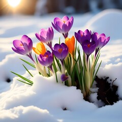 beautiful crocuses growing through snow space for text first spring flowers.