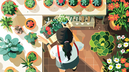 Young florist working in shop top view style vector