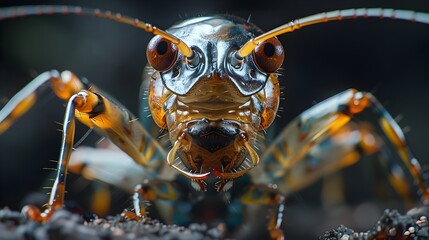 Extreme High Detail Close-Up Macro Photo of an Earwig's Captivating and Intricate Facial Features and Compound Eyes