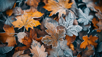 Frost covered autumn leaves in close-up
