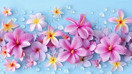 Beautiful plumeria flowers covered in dew drops arranged on a blue background, creating a fresh and tranquil scene.