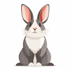 Fototapeta premium A gray-and-white rabbit, seated on a white backdrop, closes its eyes while keeping ears erect, gazing directly at the camera
