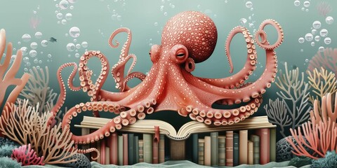 Fototapeta premium An aquatic librarian, an octopus curates a seabed collection of waterproof books promoting ocean awareness in a minimalist portrait style.