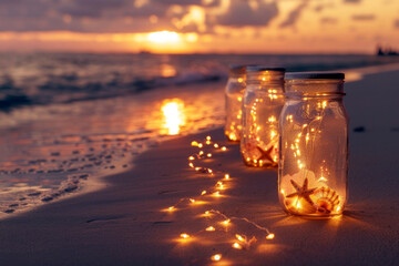 Mason jars are arranged along the sandy shore of a beach, illuminated by the soft glow of fairy lights. The gentle waves lap against the shore in the background.