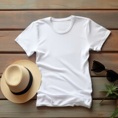 Summer t-shirt mockup with a plain shirt template and stylish sunglasses and sunhat on a minimalist wooden background.