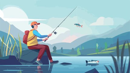Young man and his father fishing on river style
