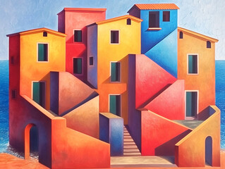 Illustration, colorful houses by the ocean in cubist style