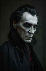 Fototapeta premium Vampire male with dark hair, white skin and pale eyes wearing a black coat