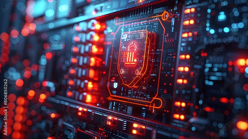 Poster cybersecurity shield protecting network against virtual threats in futuristic sci-fi setting