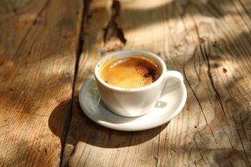 Obraz premium A black coffee cup with espresso coffee stands on a wooden table. close-up. Beautiful simple AI generated image in 4K, unique.