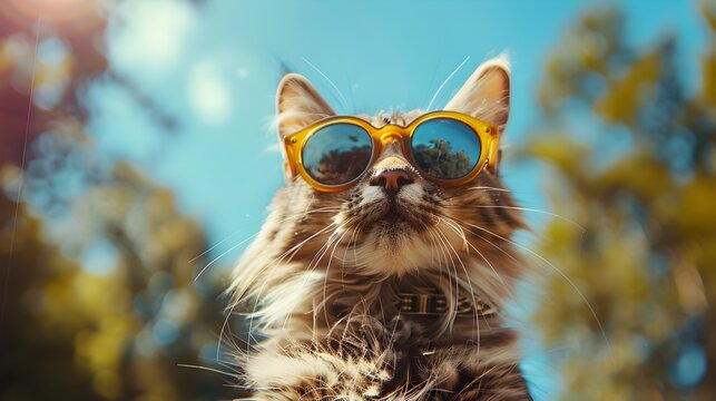 Stylish Anthro Furry Cat in Sunglasses and Trendy Attire in Autumn Nature Backdrop