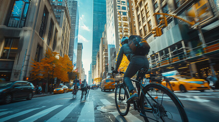 Cyclist rides through busy New York City street lined with yellow taxis and autumn trees.