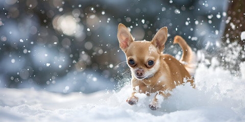 Chihuahua in the snow, cute small dog enjoying winter outdoors, adorable pet in snowy landscape, Generative Ai

