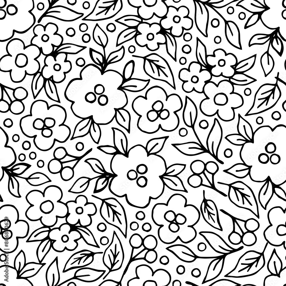 Wall mural Simple floral black and white vector seamless pattern in doodle style. Black outline of flowers, leaves. For fabric prints, textile products, packaging, stationery. - Wall murals