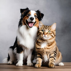 Portrait of Happy dog and cat that looking at the camera together isolated on transparent background, friendship between dog and cat, amazing friendliness of the pets. S