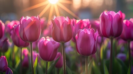   A field filled with pink tulips; sun glowing in their midst