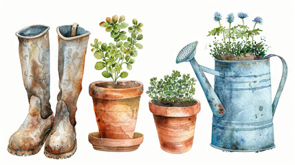 watercolor illustration of boots, watering can, greenhouseplant in the pot © Kateryna Kordubailo