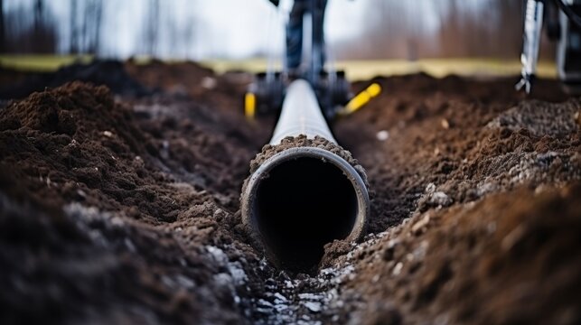 Metal pipe in trench for old underground water line during pipeline construction in dirt