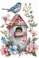 watercolor illustration with birds and house, white background