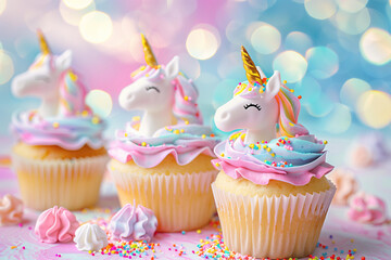 pastel unicorn themed cupcakes with cute unicorns toppings on a bright pastel  background with bokeh and copy space 