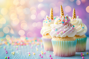 pastel unicorn themed cupcakes with cute unicorns toppings on a bright pastel  background with bokeh and copy space 