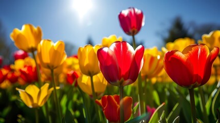   A field filled with red and yellow tulips Sun shines through the clouds in background