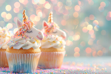 pastel unicorn themed cupcakes with cute unicorns toppings on a bright pastel  background with bokeh and copy space 