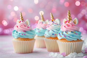 pastel unicorn themed cupcakes with cute unicorns toppings on a bright pastel  background with bokeh and copy space 
