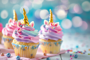 pastel unicorn themed cupcakes with cute unicorns toppings on a bright pastel  background with bokeh and copy space 