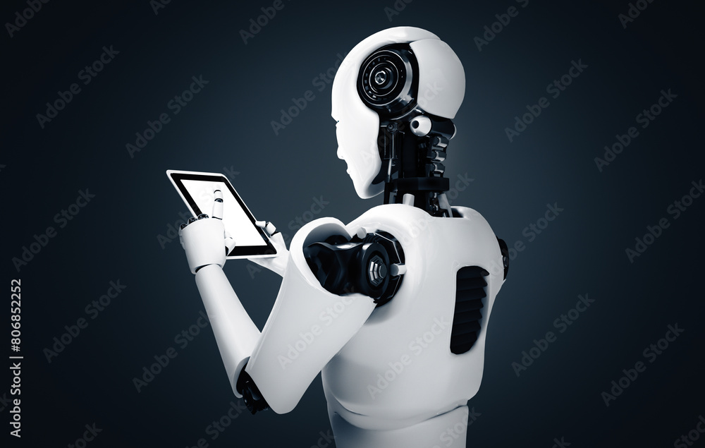 Poster mlp 3d illustration robot humanoid using tablet computer in future office while using ai thinking br