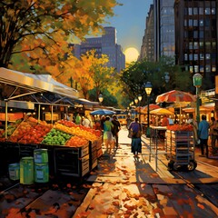 People shopping at a farmers market in Manhattan.