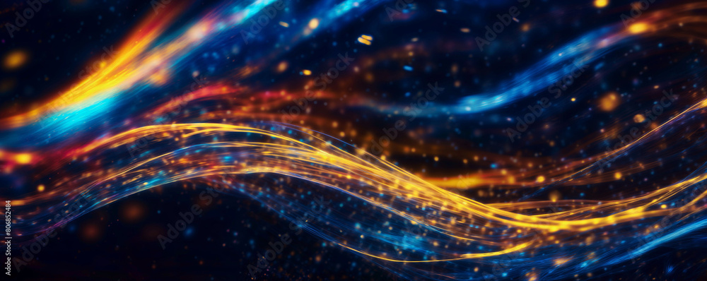 Aufkleber the image features a wavy abstract background with colorful lines and golden lights - generative ai
