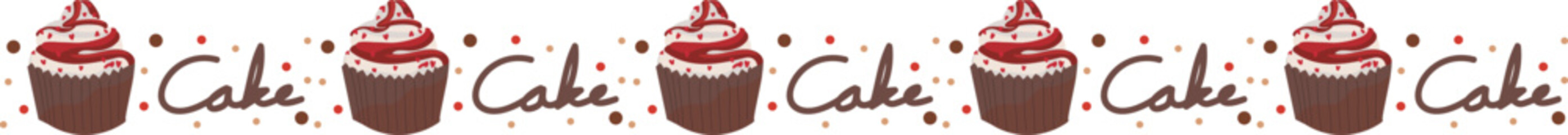 Strawberry cupcakes line border illustration on transparent background.
