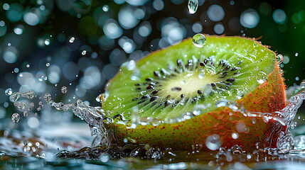 water splashing onto Kiwi fruit, in the style of cleared background, Fresh, clean fruit juice with a Kiwi fruit flavor, a flavored fruit drinks, fresh fruit products from organic gardens.