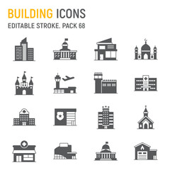 Fototapeta premium Building glyph icon set, architecture collection, vector graphics, logo illustrations, town buildings vector icons, city buildings signs, solid pictograms, editable stroke