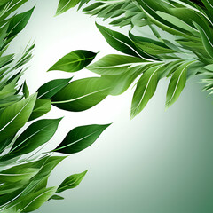 Green leaves flying and falling isolated on background, tropical leaf for border element, fresh natural foliage, organic herbal in form of wave and swirl.