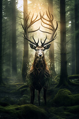 Photo a mystical deer with large antlers within a fores