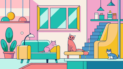 Colorful Illustration of Cats in a Modern Living Room Interior. Pet friendly