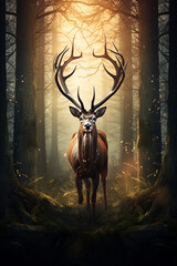 Photo a mystical deer with large antlers within a fores