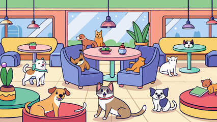 Cheerful Cartoon Pet Cafe Scene with Dogs and Cats Socializing. Pet friendly