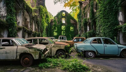 Several rusty classic cars lie forgotten on a quiet road.