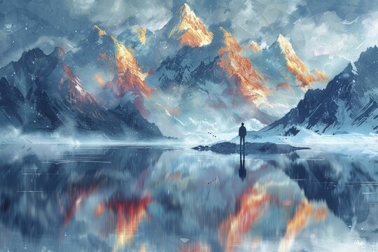 A surreal discussion unfolds as mountains lament their melting glaciers in a minimalist front portrait illustration on climate change.