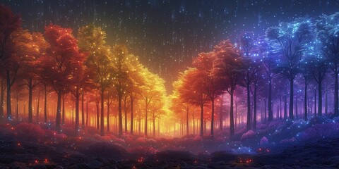 Magical grove glows with pride flags, symbolizing unity and diversity, captured in a minimalist portrait style from the front view.
