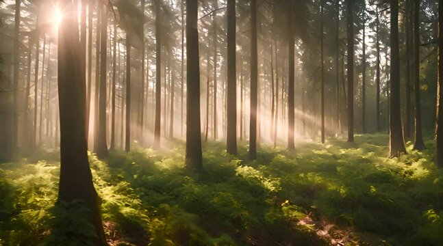 Coniferous forest with the ground covered with moss in the light of the morning sun.