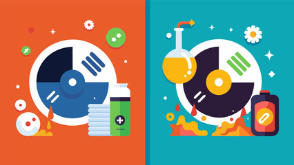 Before and after photos of a record that has gone through the cleaning process showing a drastic improvement. Vector illustration
