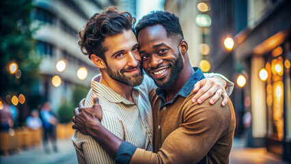 Happy young gay lgbtq couple in love cuddling and smiling together at street. Two stylish diverse pretty man hugging and bonding. LGBT relationship lifestyle concept - Powered by Adobe