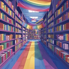 In the library, fashion meets literature as books and banners set the stage for a colorful Pride runway show in a straight-front, minimal illustration style.