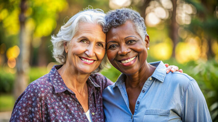 Fototapeta premium Happy adult lesbian lgbtq couple in love cuddling and smiling together on nature. Two stylish diverse pretty women hugging and bonding. multi race LGBT relationship lifestyle concept