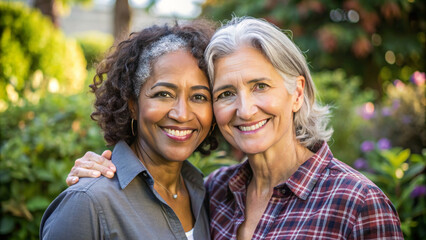 Naklejka premium Happy adult lesbian lgbtq couple in love cuddling and smiling together on nature. Two stylish diverse pretty women hugging and bonding. multi race LGBT relationship lifestyle concept